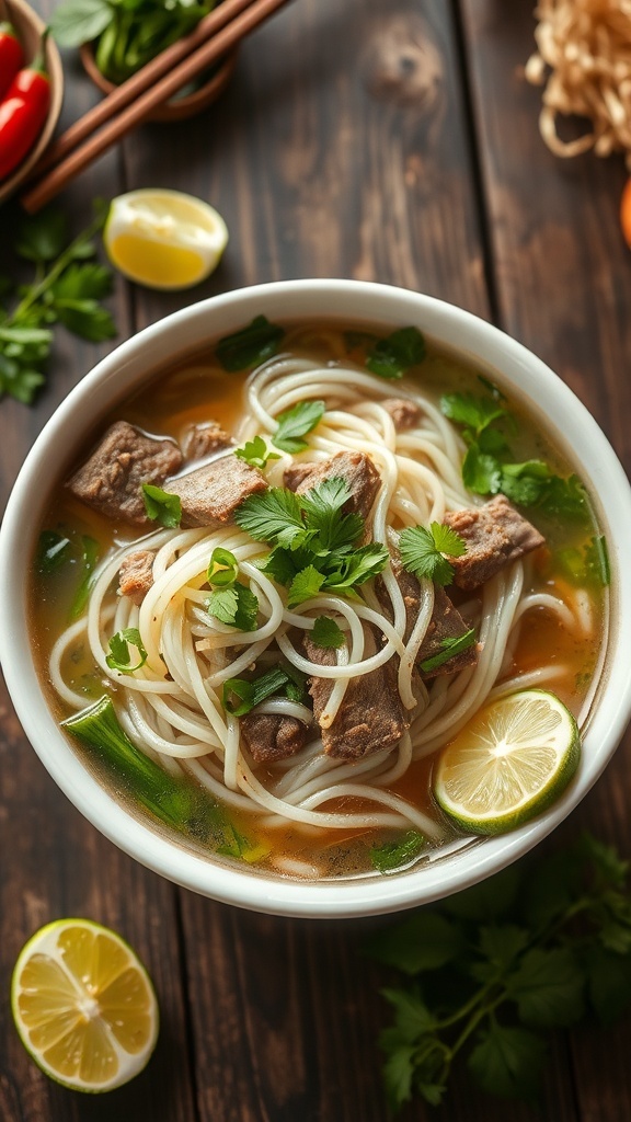 Vietnamese Pho Noodle Soup Recipe A bowl of Vietnamese pho with rice noodles, beef, herbs, and lime on a wooden table.
